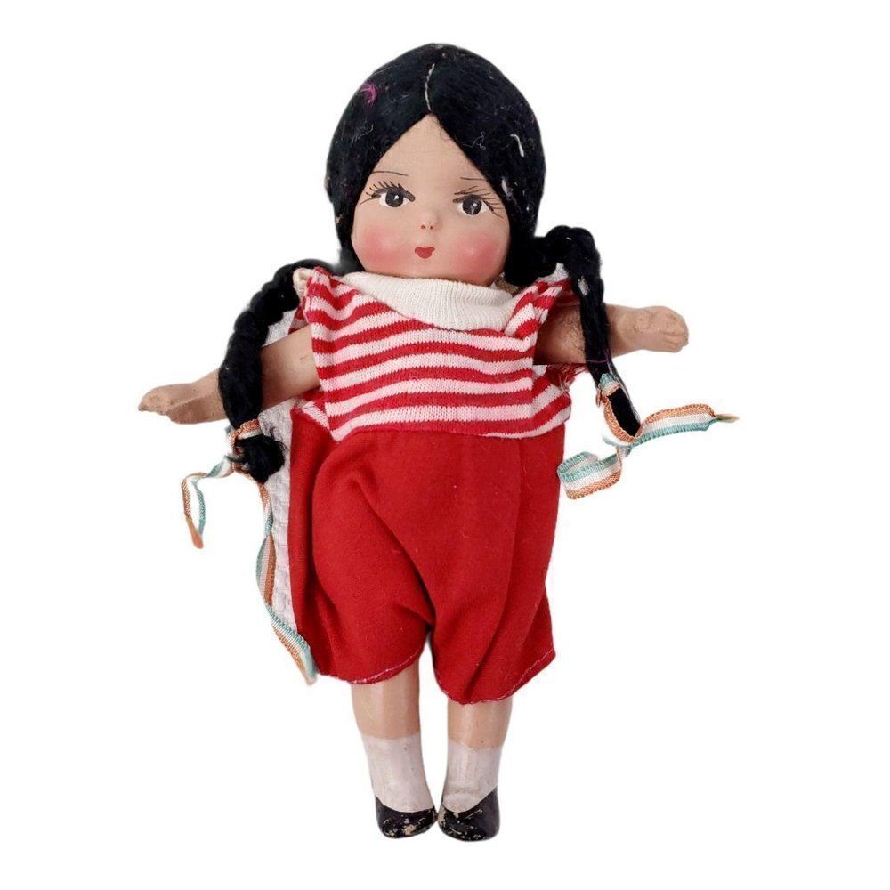 Vintage Chalkware Chubby Belly Doll Brunette Braids 8"